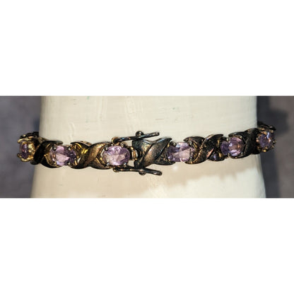Glam Vintage 925 Sterling Silver Amethyst Tennis Bracelet Purple Gemstone