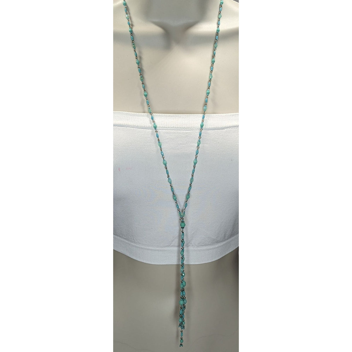 Boho Lariat Glass Turquoise Blue Beaded Necklace 28 Inch