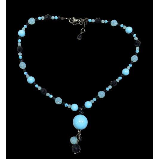 Whimsical Blue And Black Glass Beaded Y Necklace