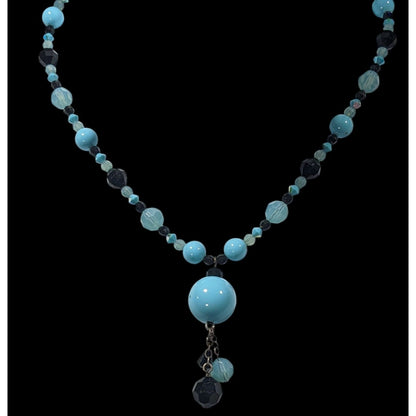 Whimsical Blue And Black Glass Beaded Y Necklace