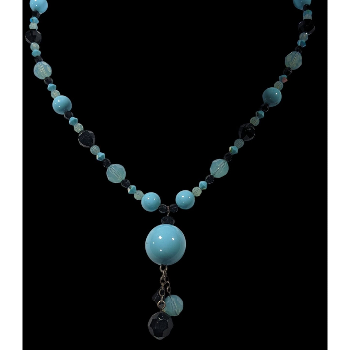 Whimsical Blue And Black Glass Beaded Y Necklace