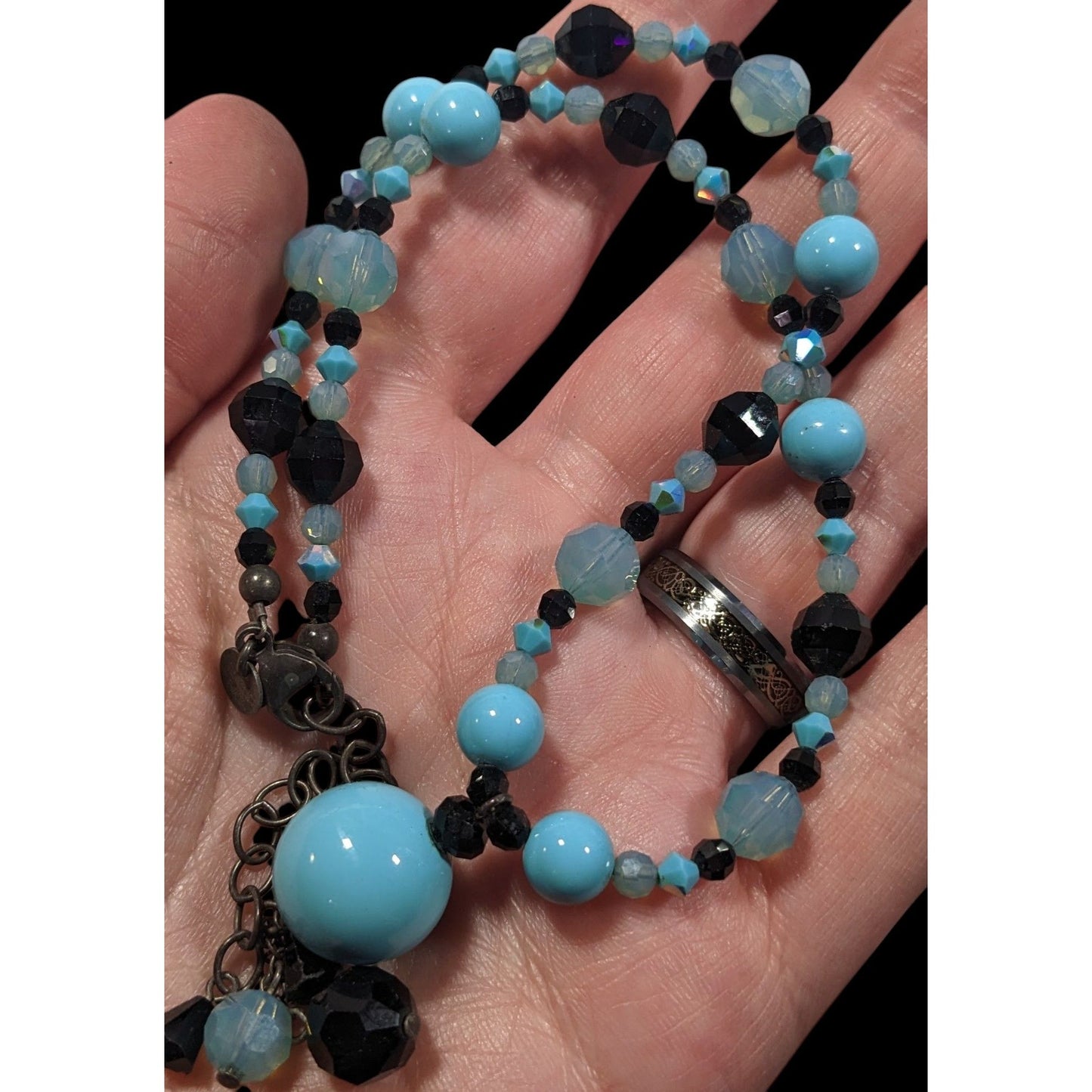 Whimsical Blue And Black Glass Beaded Y Necklace