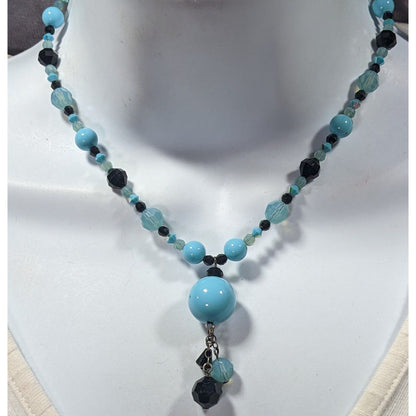 Whimsical Blue And Black Glass Beaded Y Necklace