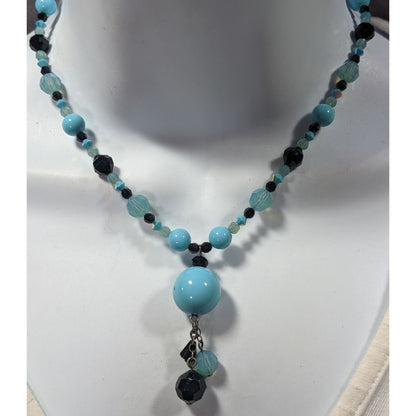 Whimsical Blue And Black Glass Beaded Y Necklace