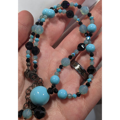 Whimsical Blue And Black Glass Beaded Y Necklace