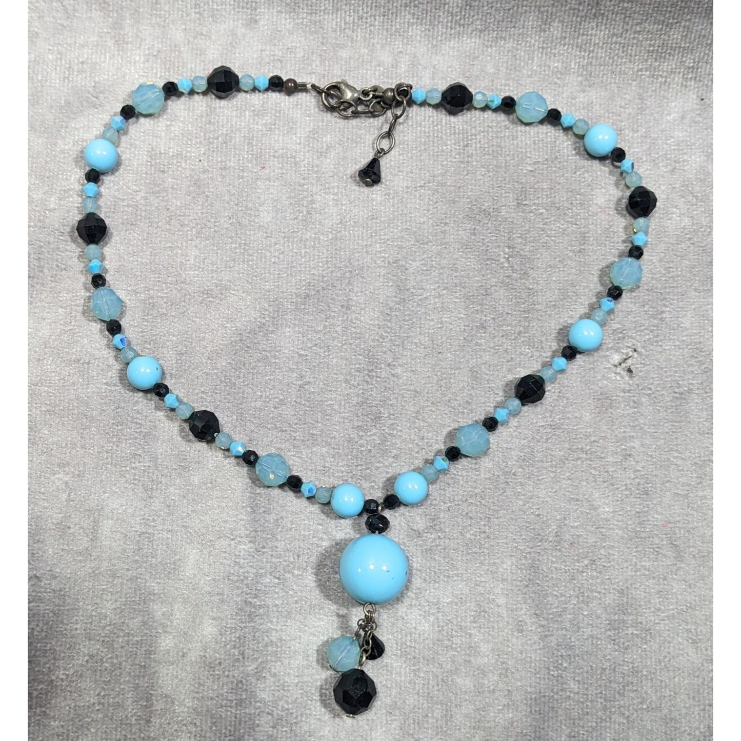 Whimsical Blue And Black Glass Beaded Y Necklace