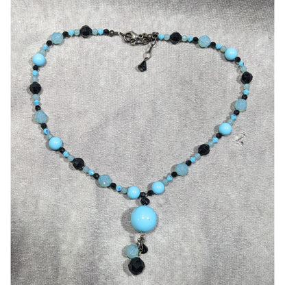 Whimsical Blue And Black Glass Beaded Y Necklace
