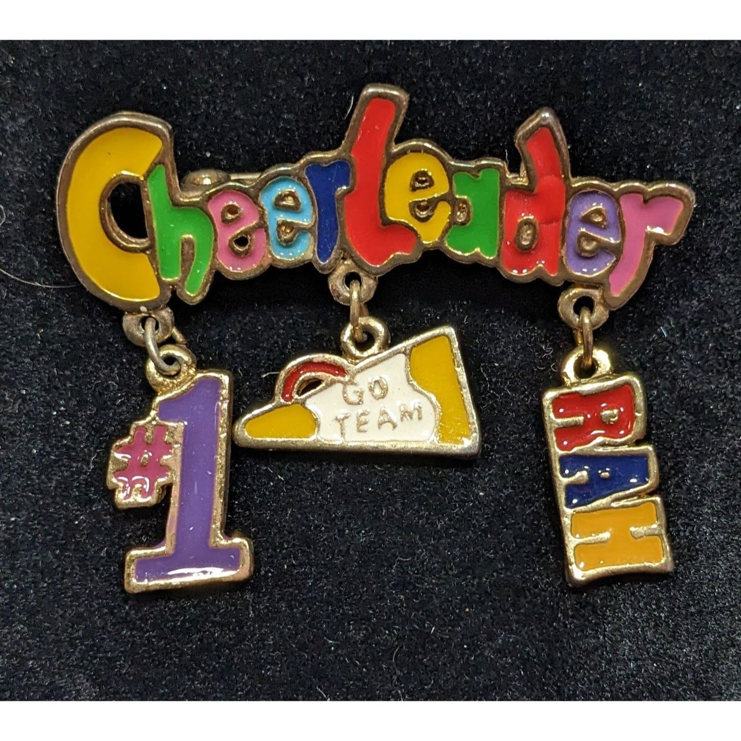 Vintage Rainbow Cheerleader Dangling Charm Brooch Signed DM