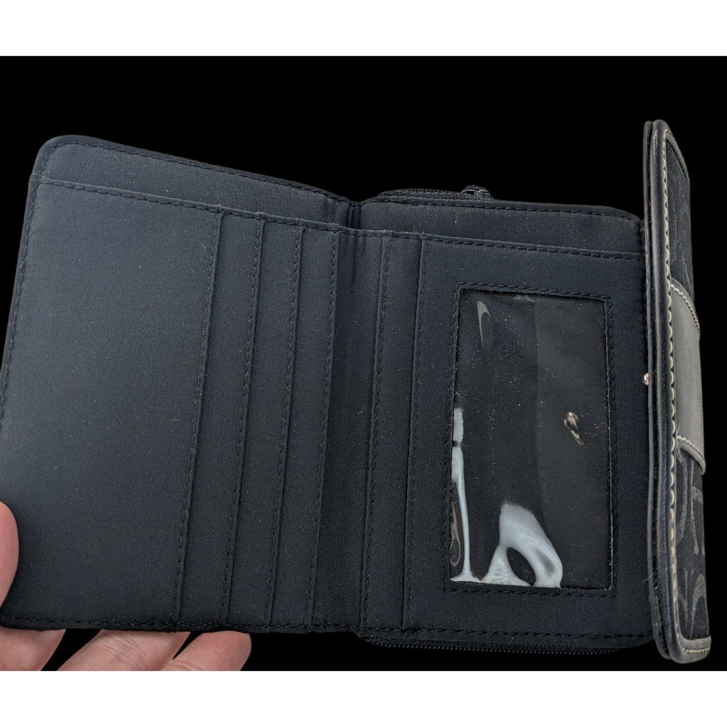 Etienne Aigner Black Monogram Canvas Wallet 5"x4"x1" With Snap & Zipper Closures