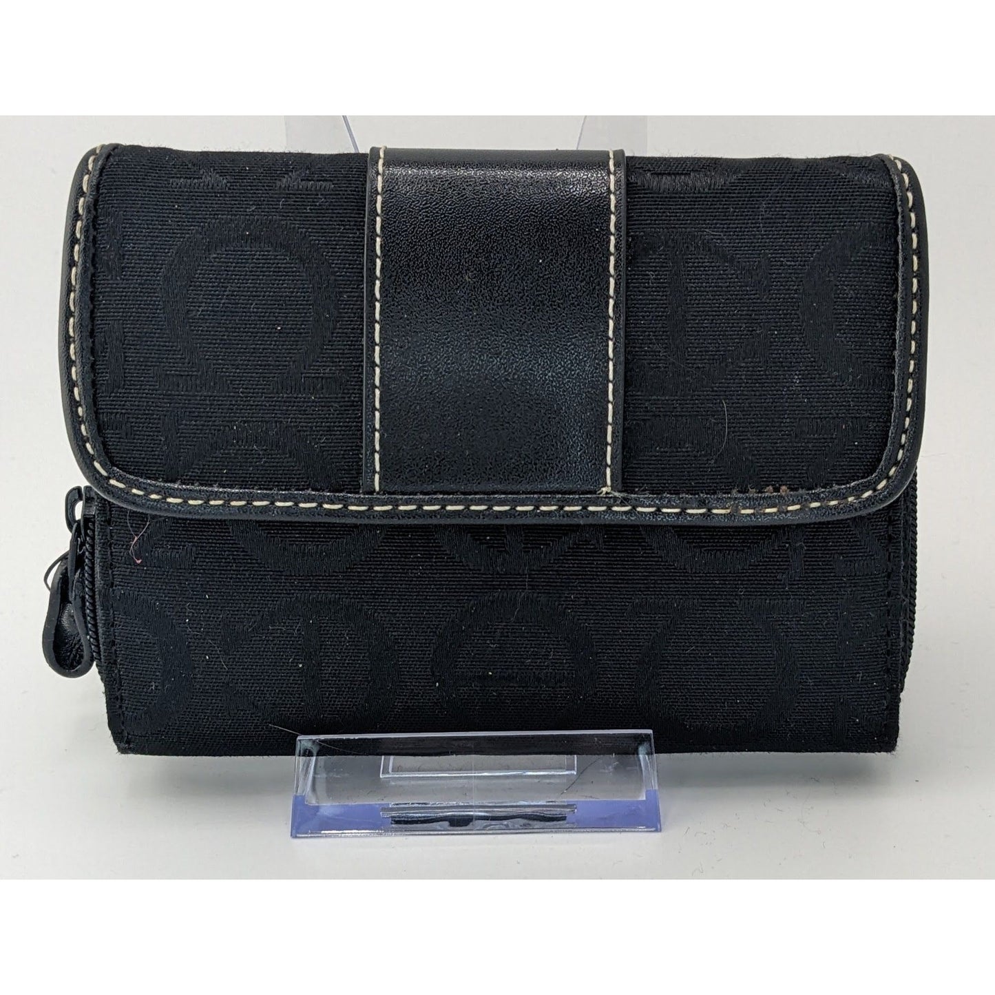 Etienne Aigner Black Monogram Canvas Wallet 5"x4"x1" With Snap & Zipper Closures