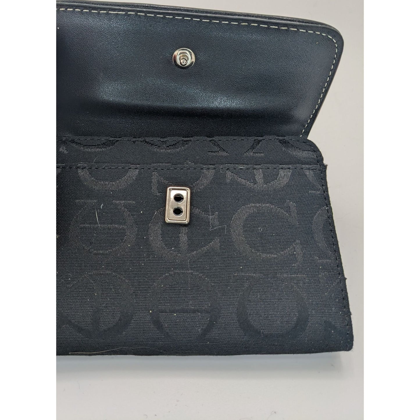 Etienne Aigner Black Monogram Canvas Wallet 5"x4"x1" With Snap & Zipper Closures