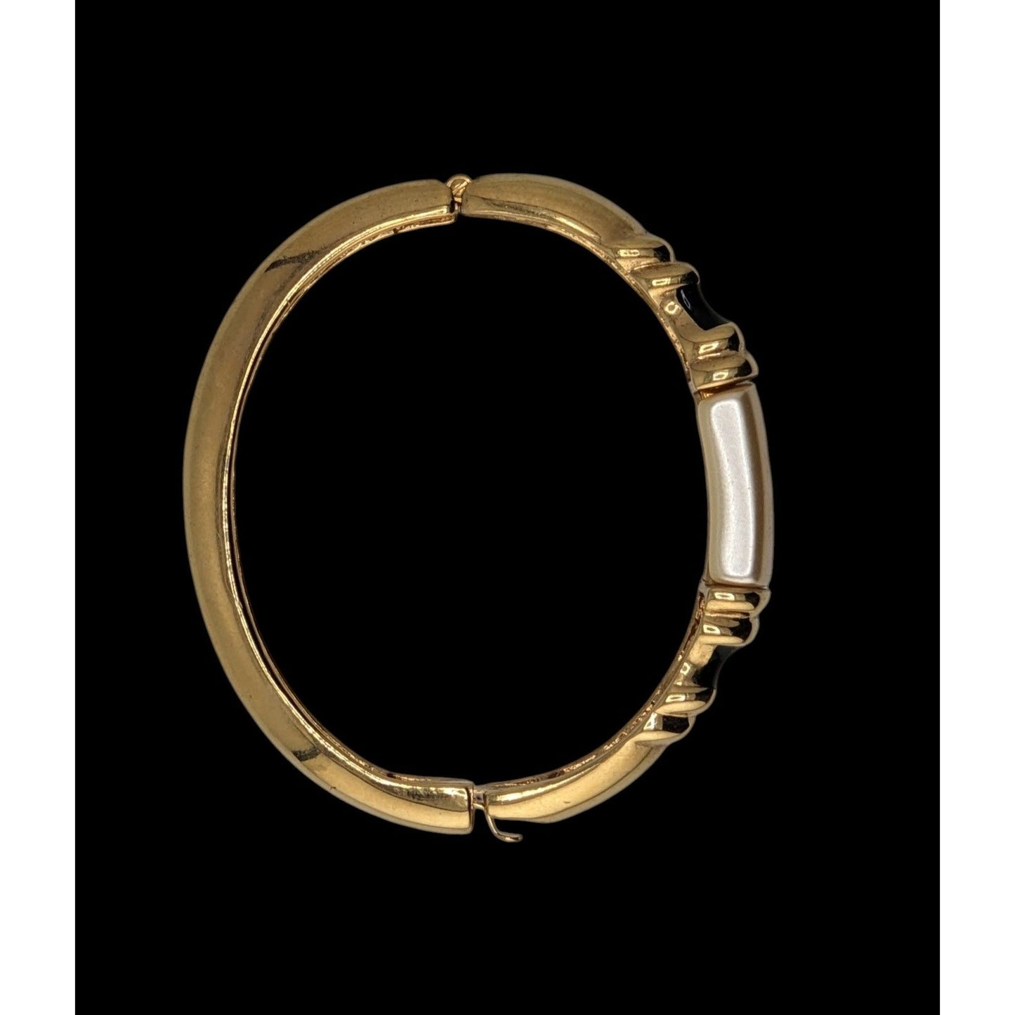 Vintage Napier Gold Tone Hinged Bangle Bracelet Black Cream Enamel Statement Cuff