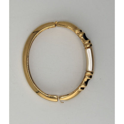 Vintage Napier Gold Tone Hinged Bangle Bracelet Black Cream Enamel Statement Cuff