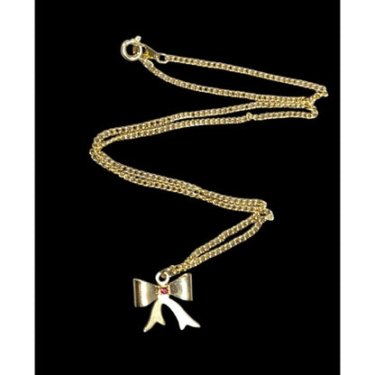Vintage Dainty Coquette Gold Tone Bow Necklace With Red Gem