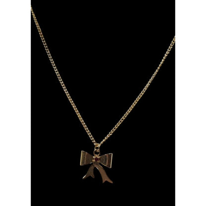Vintage Dainty Coquette Gold Tone Bow Necklace With Red Gem
