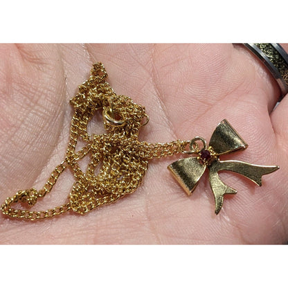 Vintage Dainty Coquette Gold Tone Bow Necklace With Red Gem