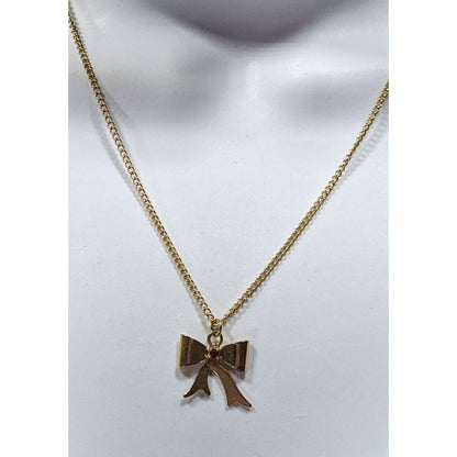 Vintage Dainty Coquette Gold Tone Bow Necklace With Red Gem