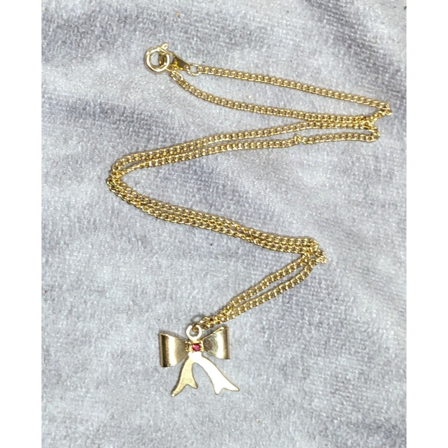Vintage Dainty Coquette Gold Tone Bow Necklace With Red Gem