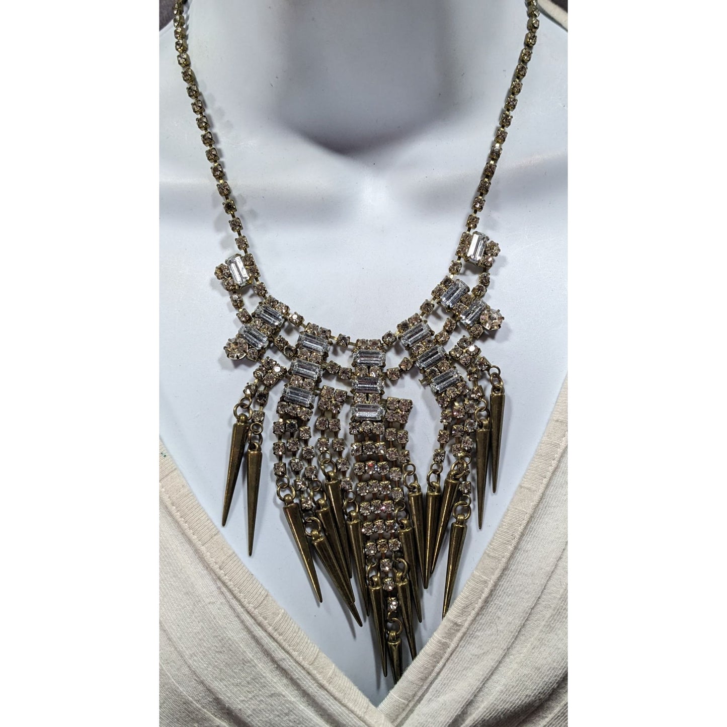 Industrial Glam Rhinestone Gold Tone Statement Necklace
