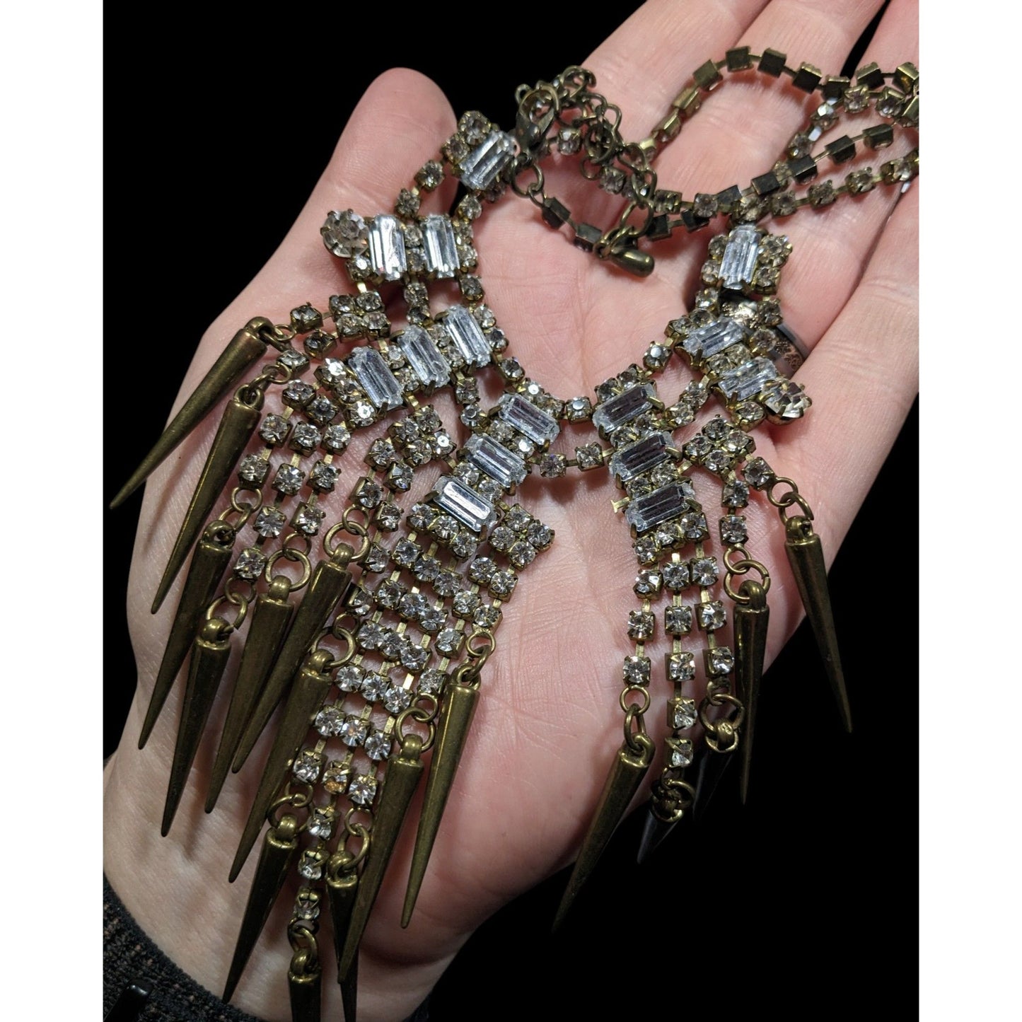 Industrial Glam Rhinestone Gold Tone Statement Necklace