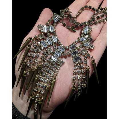 Industrial Glam Rhinestone Gold Tone Statement Necklace