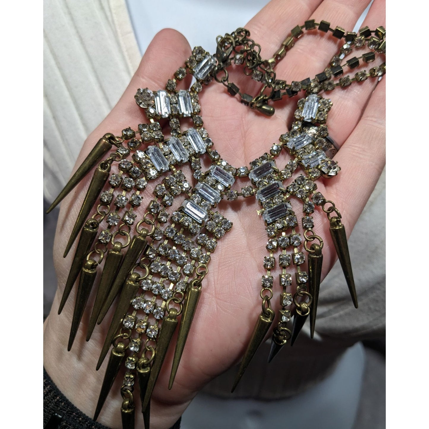 Industrial Glam Rhinestone Gold Tone Statement Necklace