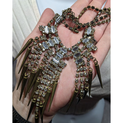 Industrial Glam Rhinestone Gold Tone Statement Necklace