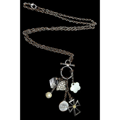 Vintage Religious Inspirational Multi Charm Cross Pendant Necklace With Mother Of Pearl Accents