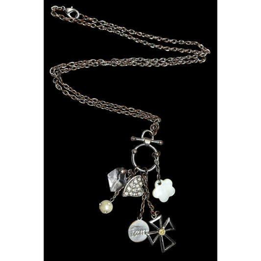 Vintage Religious Inspirational Multi Charm Cross Pendant Necklace With Mother Of Pearl Accents
