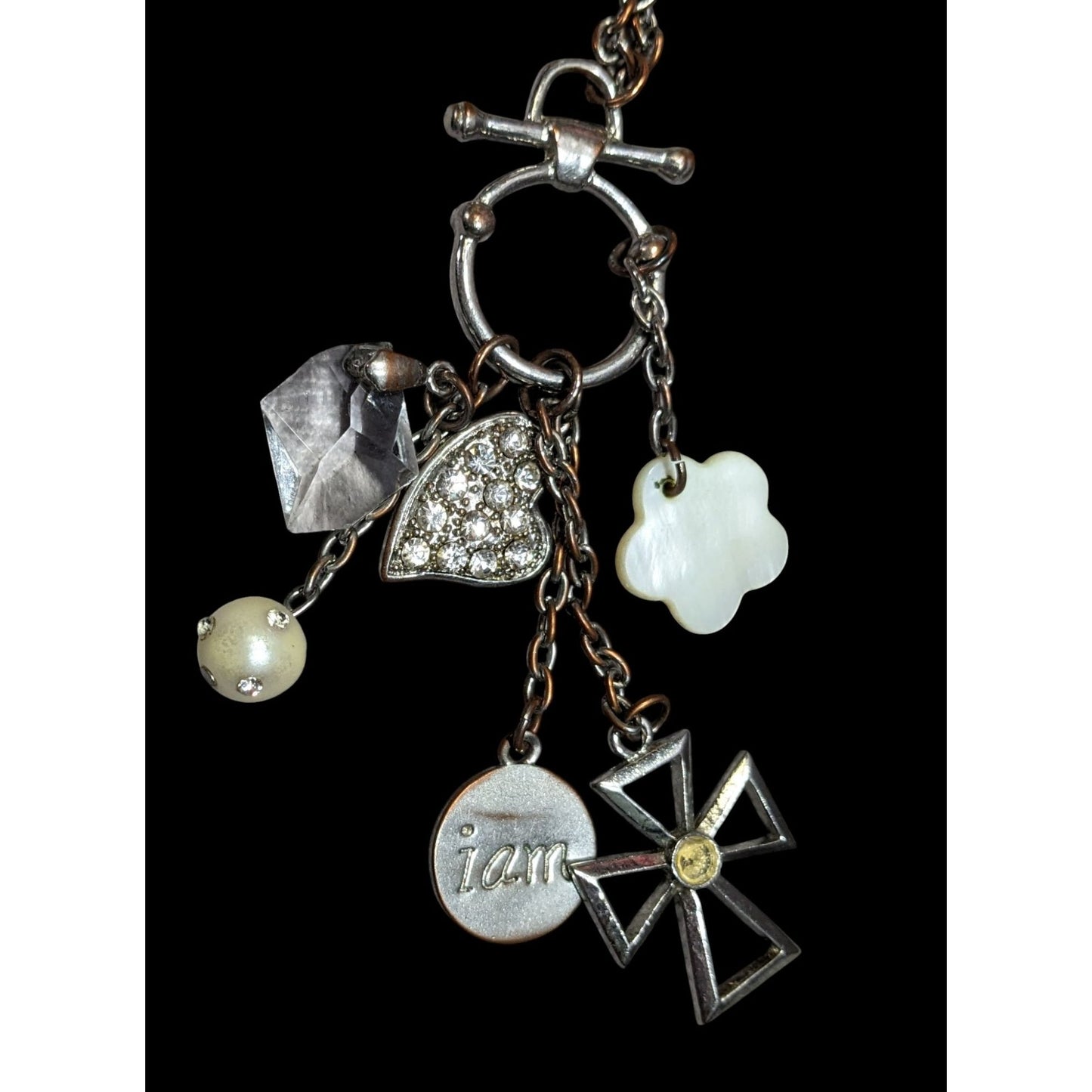 Vintage Religious Inspirational Multi Charm Cross Pendant Necklace With Mother Of Pearl Accents