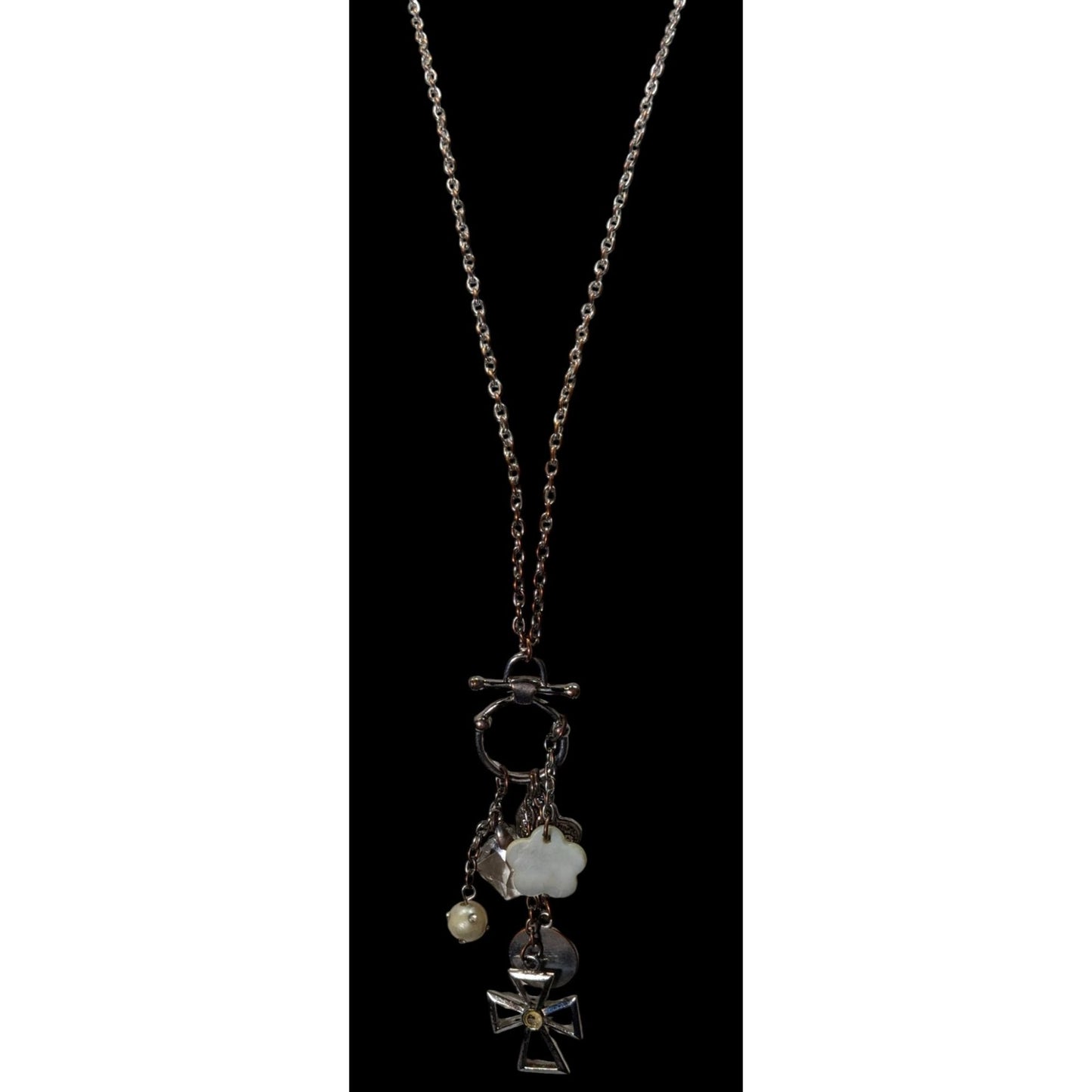 Vintage Religious Inspirational Multi Charm Cross Pendant Necklace With Mother Of Pearl Accents