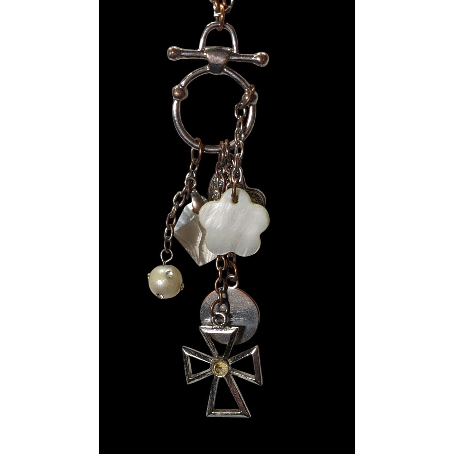 Vintage Religious Inspirational Multi Charm Cross Pendant Necklace With Mother Of Pearl Accents
