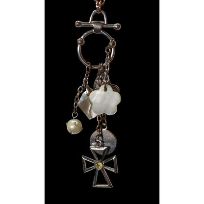 Vintage Religious Inspirational Multi Charm Cross Pendant Necklace With Mother Of Pearl Accents