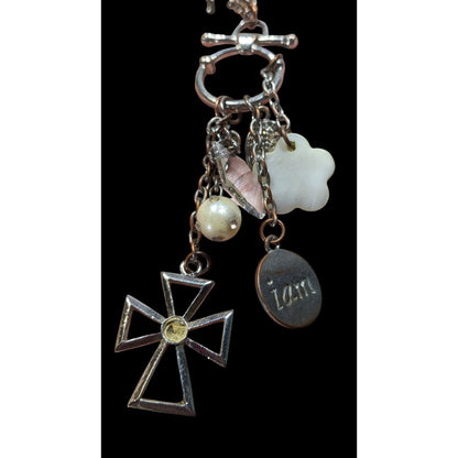 Vintage Religious Inspirational Multi Charm Cross Pendant Necklace With Mother Of Pearl Accents