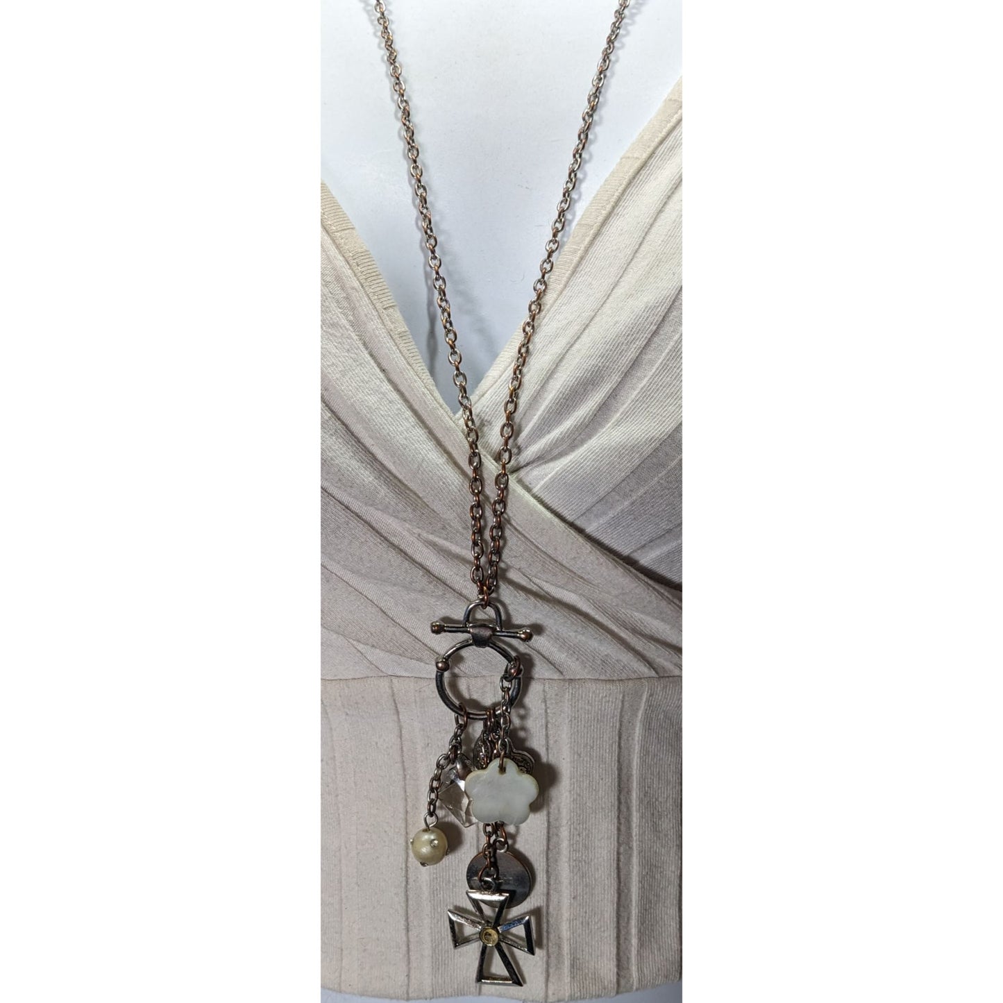 Vintage Religious Inspirational Multi Charm Cross Pendant Necklace With Mother Of Pearl Accents