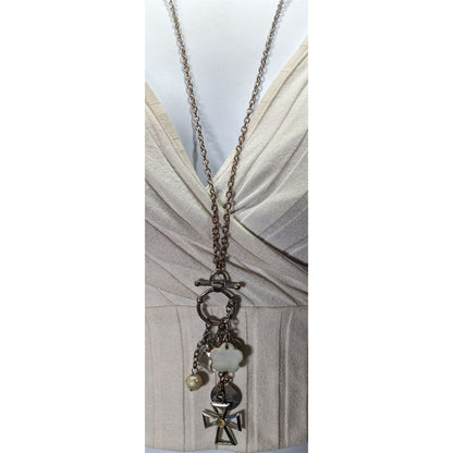 Vintage Religious Inspirational Multi Charm Cross Pendant Necklace With Mother Of Pearl Accents