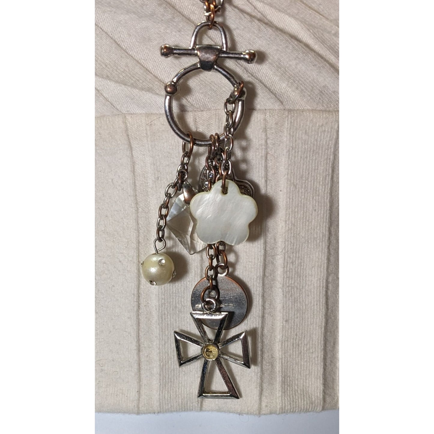Vintage Religious Inspirational Multi Charm Cross Pendant Necklace With Mother Of Pearl Accents