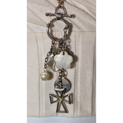 Vintage Religious Inspirational Multi Charm Cross Pendant Necklace With Mother Of Pearl Accents