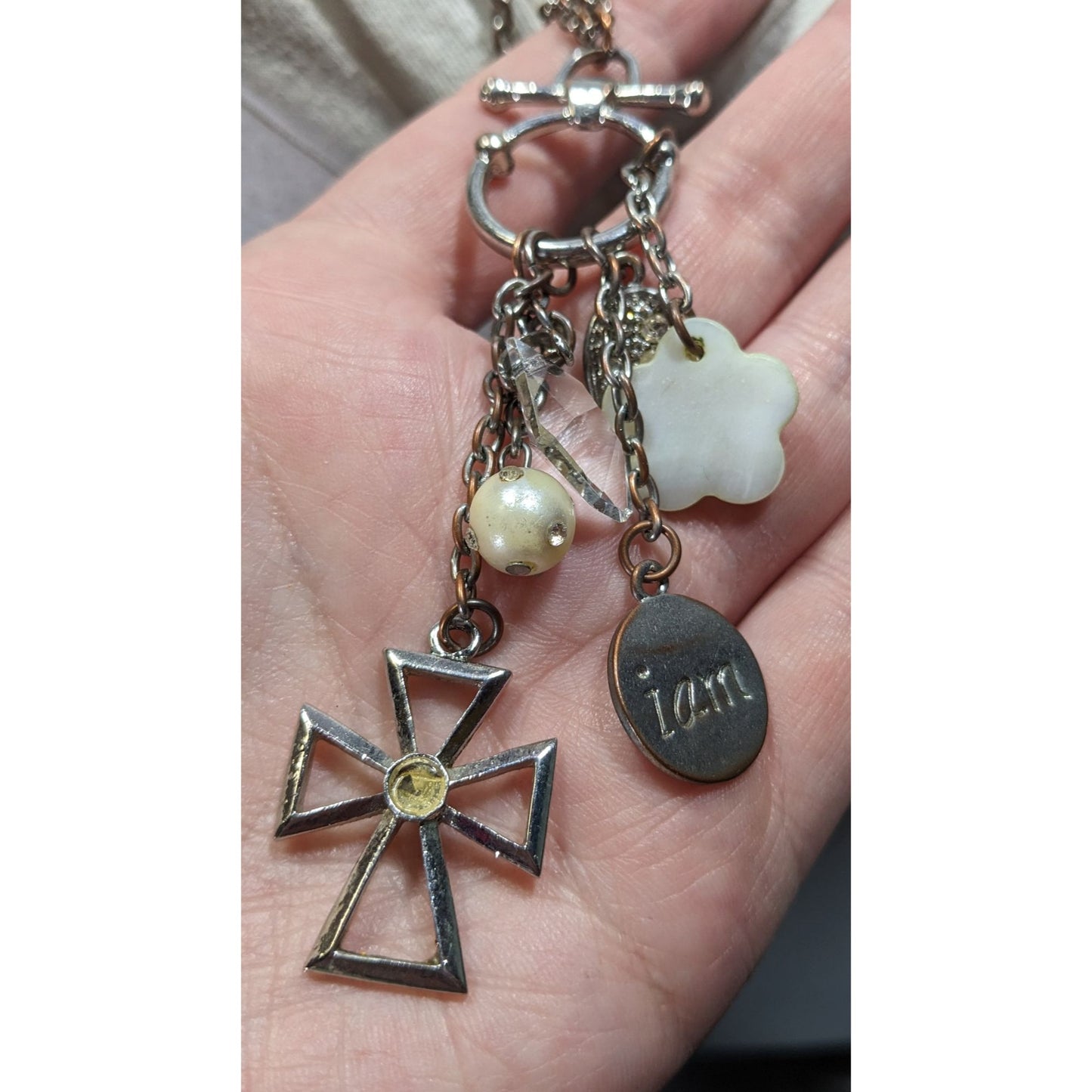 Vintage Religious Inspirational Multi Charm Cross Pendant Necklace With Mother Of Pearl Accents