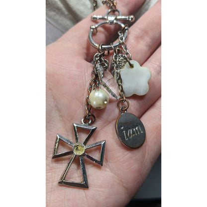 Vintage Religious Inspirational Multi Charm Cross Pendant Necklace With Mother Of Pearl Accents