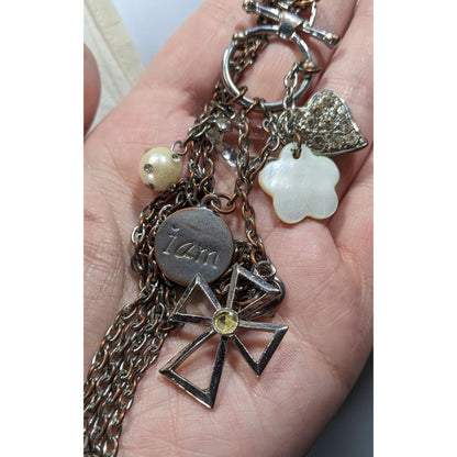 Vintage Religious Inspirational Multi Charm Cross Pendant Necklace With Mother Of Pearl Accents