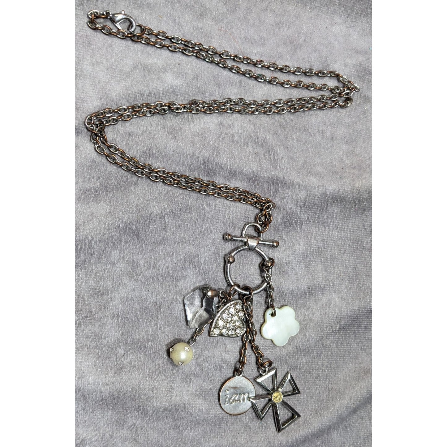 Vintage Religious Inspirational Multi Charm Cross Pendant Necklace With Mother Of Pearl Accents