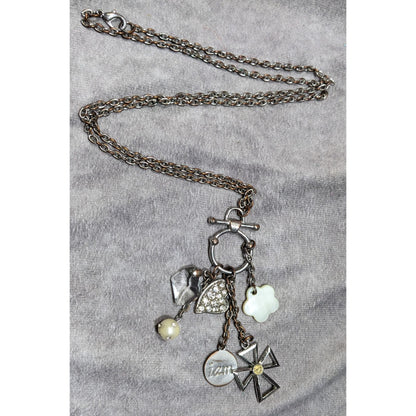 Vintage Religious Inspirational Multi Charm Cross Pendant Necklace With Mother Of Pearl Accents