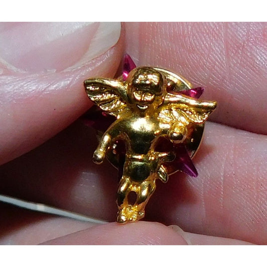 Vintage Cherub Angel Lapel Pin Gold Tone With Pink Star Sequin Accent