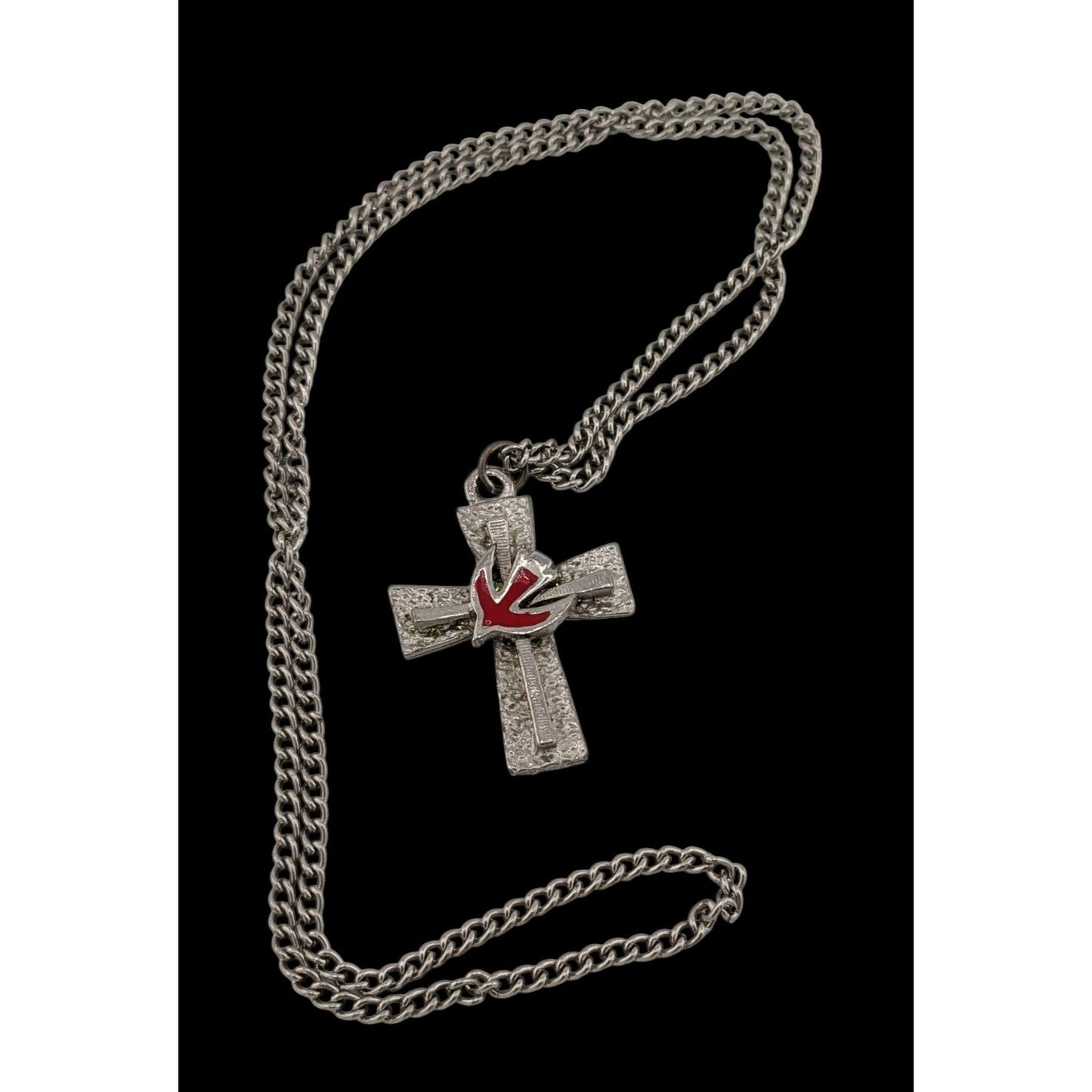 Vintage Cross Necklace Silver Tone With Red Enamel Dove