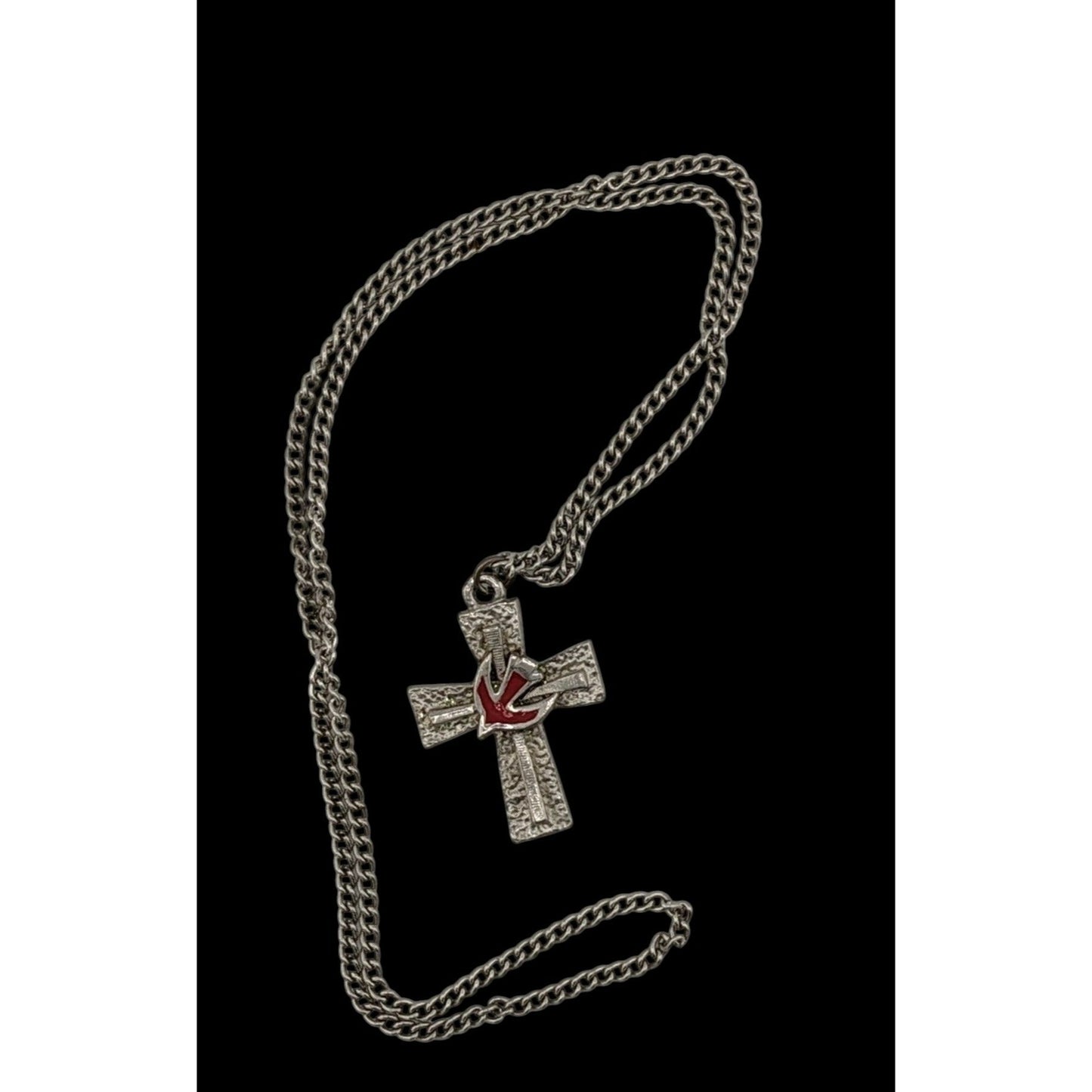 Vintage Cross Necklace Silver Tone With Red Enamel Dove