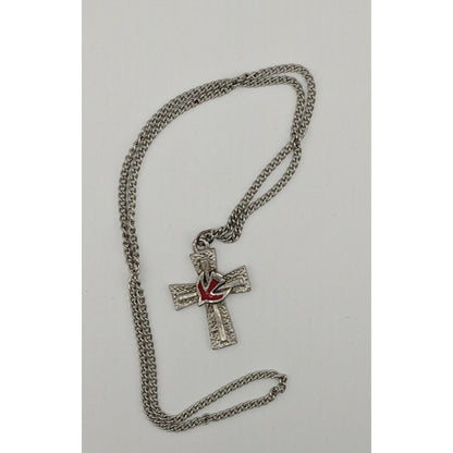 Vintage Cross Necklace Silver Tone With Red Enamel Dove