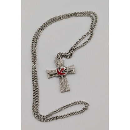 Vintage Cross Necklace Silver Tone With Red Enamel Dove