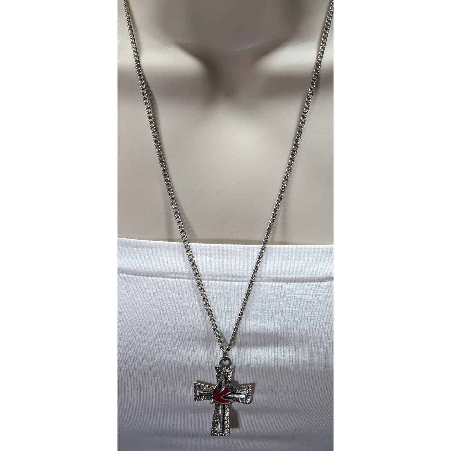 Vintage Cross Necklace Silver Tone With Red Enamel Dove