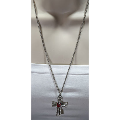 Vintage Cross Necklace Silver Tone With Red Enamel Dove